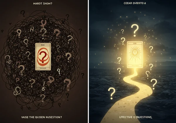Confusing vs. clear questions shown with symbolic tarot imagery.