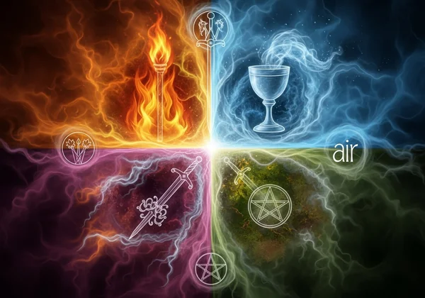 Four elemental symbols representing Minor Arcana suits