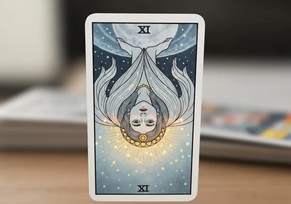 An upside-down tarot card symbolizing deeper meaning