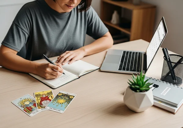 Seseorang mengambil nota, dipandu oleh tarot, membuat rancangan