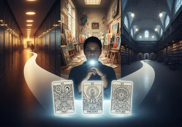 Seseorang sedang mempertimbangkan pilihan kerjaya dengan serakan tarot 3 kad