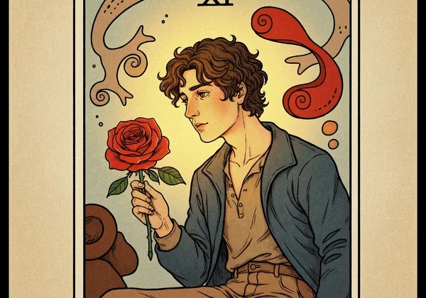 Simbol visual utama kad tarot The Fool, seperti anjing dan mawar