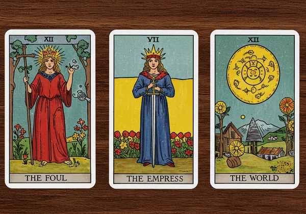 Kad tarot The Fool, The Empress, dan The World dalam susunan
