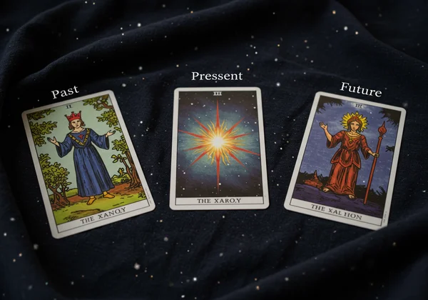 Susunan tiga kad tarot yang mewakili masa lalu, masa kini, dan masa depan