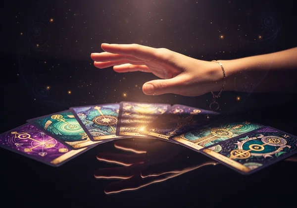 Tangan berinteraksi dengan kad tarot bercahaya, melambangkan panduan