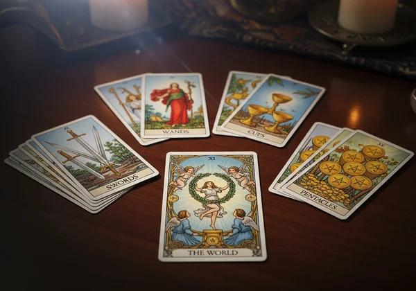 Dek tarot menunjukkan kad Arkana Major dan Minor dengan jelas.