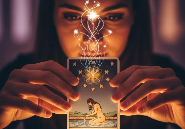 Orang merenung kad tarot dengan simbol cahaya intuitif.