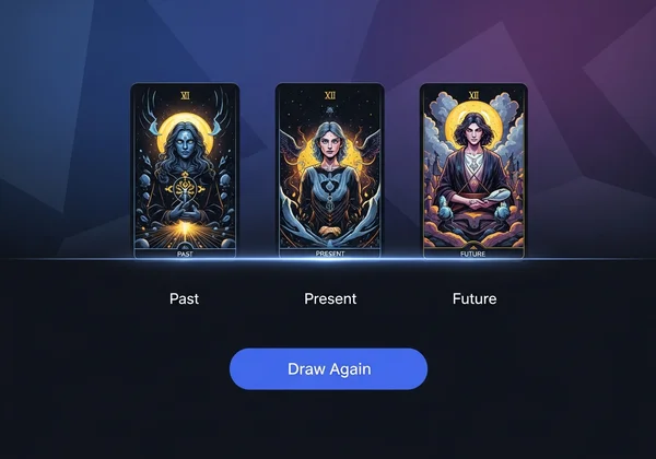 Sebaran tiga kad tarot pada antara muka digital untuk latihan.