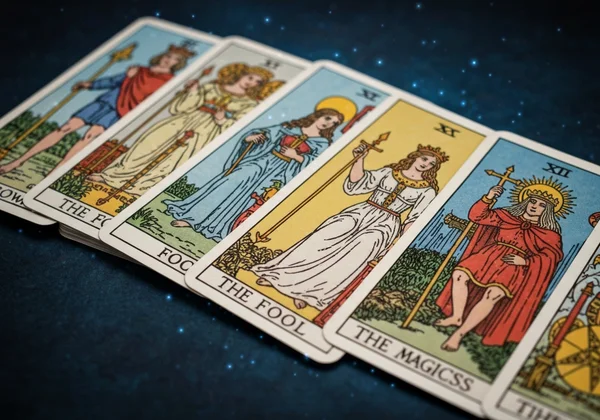 Kad dek tarot Rider-Waite-Smith klasik yang tersebar di atas meja