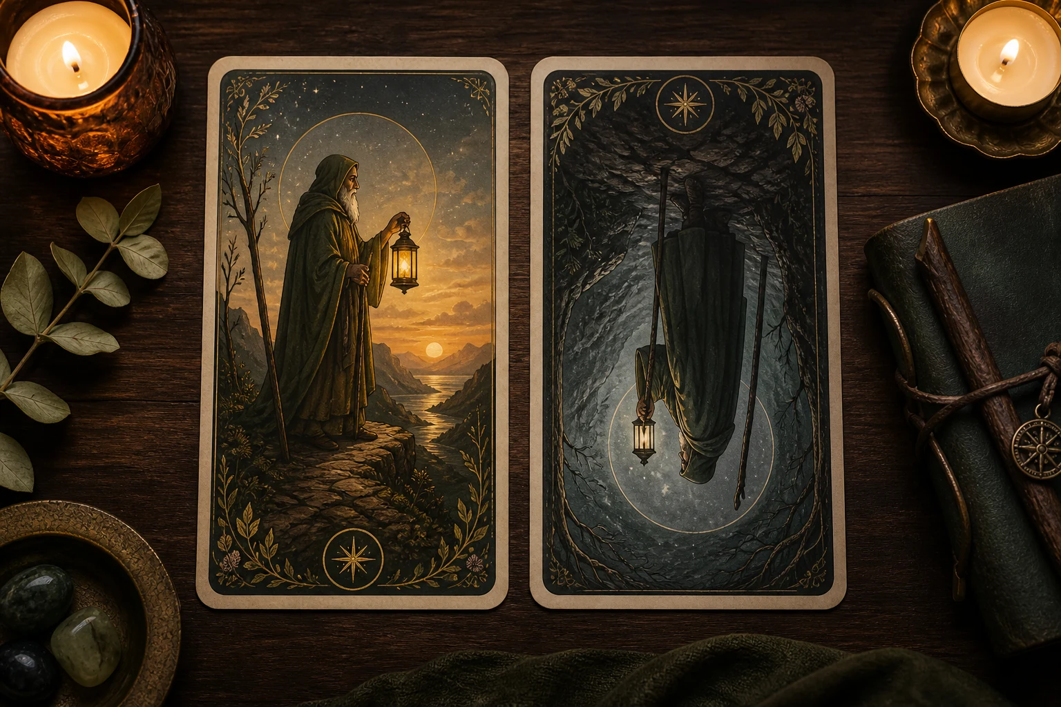 Upright and reversed Hermit cards